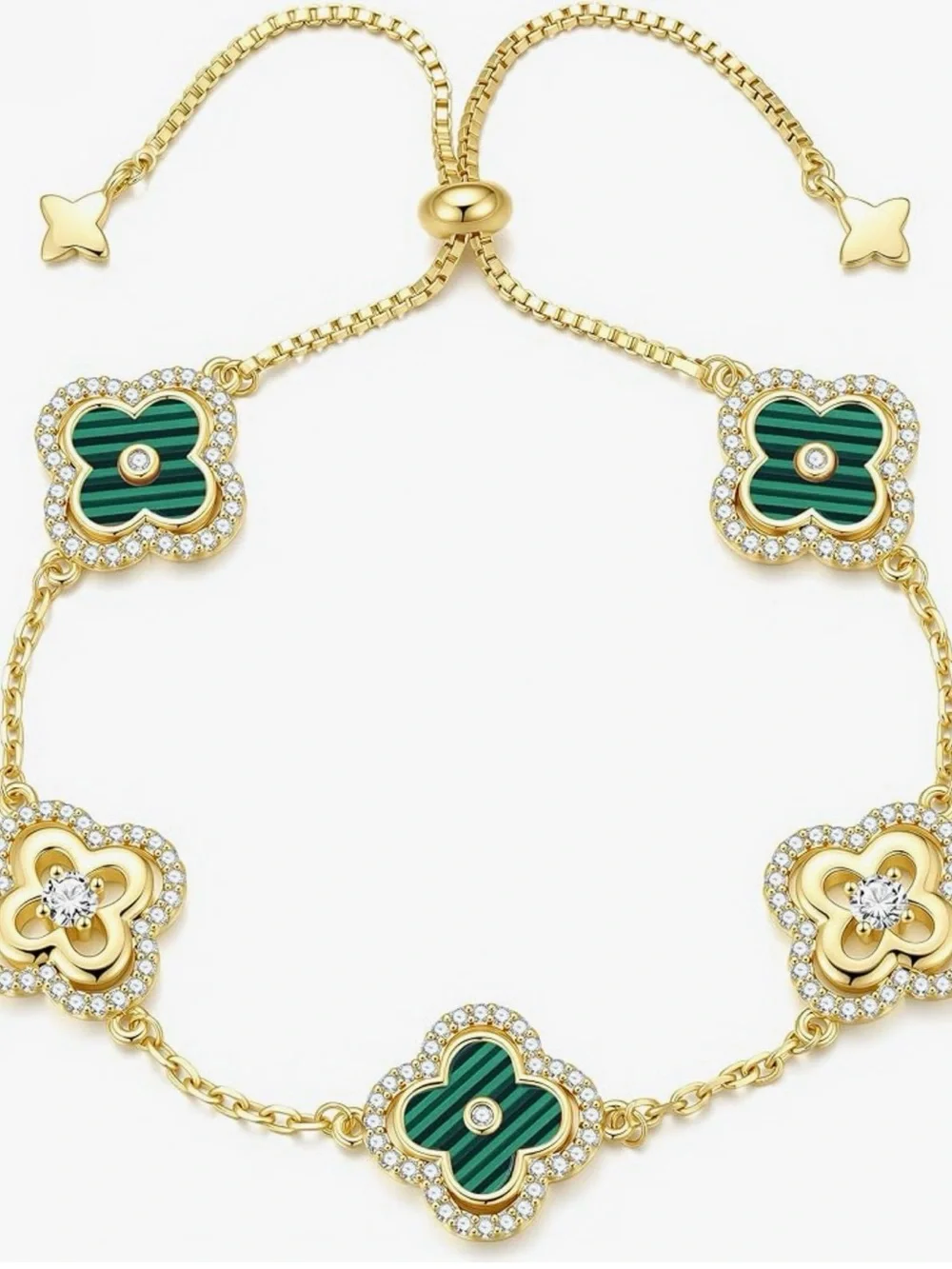 NEW 14k Gold Plated Green Clover Bracelet with Crystal Accents